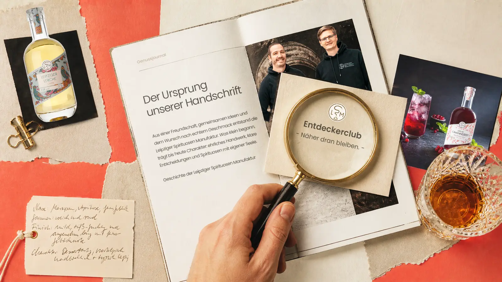 Collage aus Genussmomenten und Einblicken in den Entdeckerclub der Leipziger Spirituosen Manufaktur