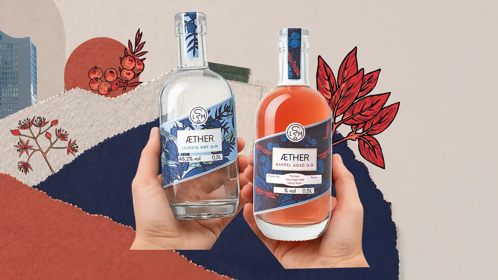 Collage mit Aether Gin, Barrel Aged Aether Gin und gezeichneten Pflanzen stellvertretend für Leipziger Gin