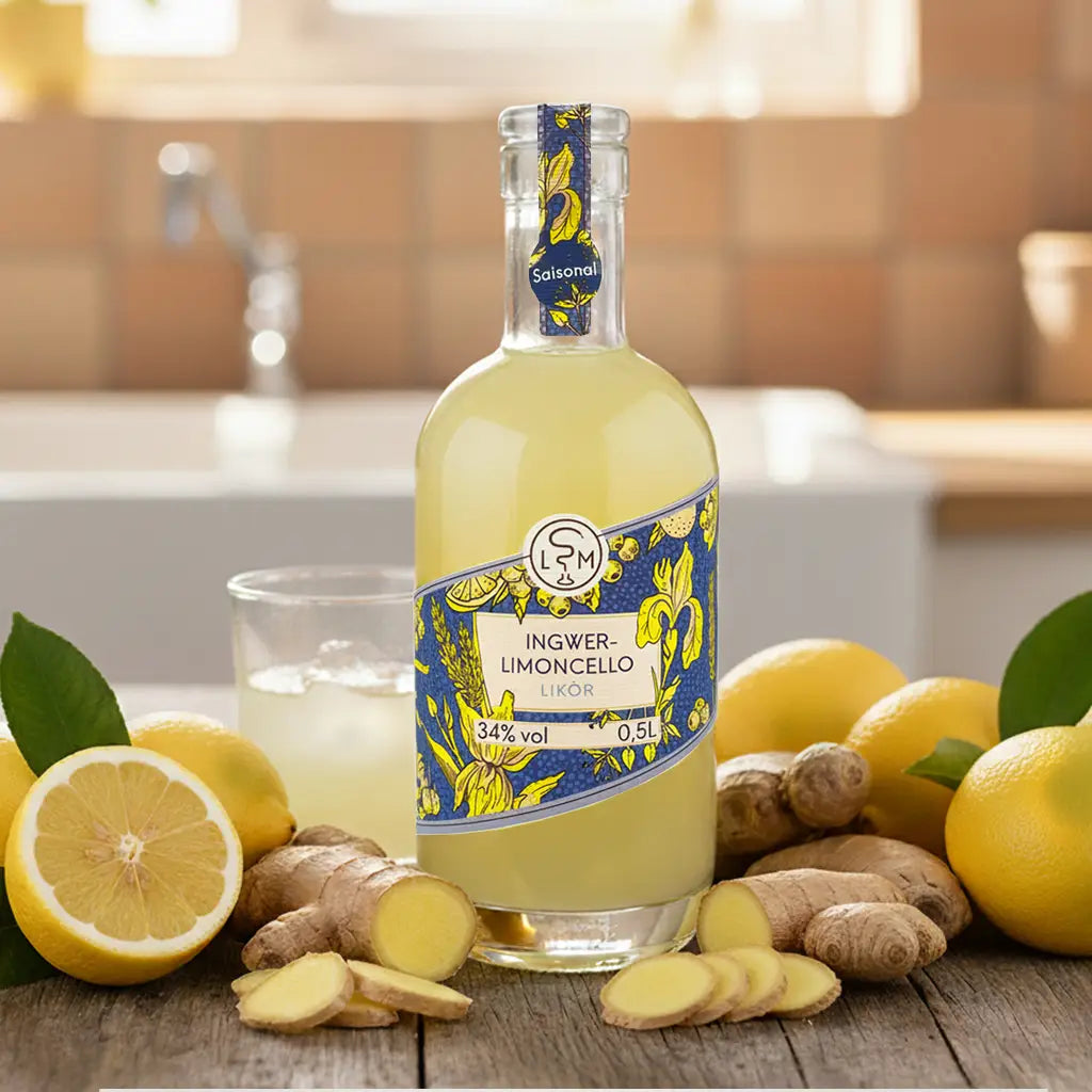 Ingwer Limoncello mit frischem Ingwer und Zitronen als handwerklich hergestellter Likör der Leipziger Spirituosen Manufaktur