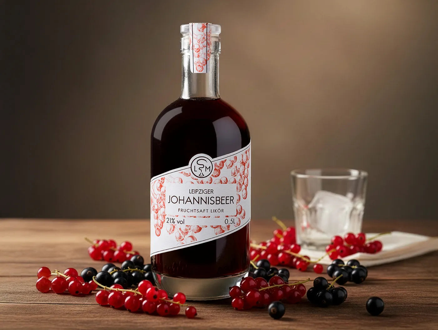 Leipziger Johannisbeer Likör auf einem Tisch mit roten und schwarzen Johannisbeeren dekoriert