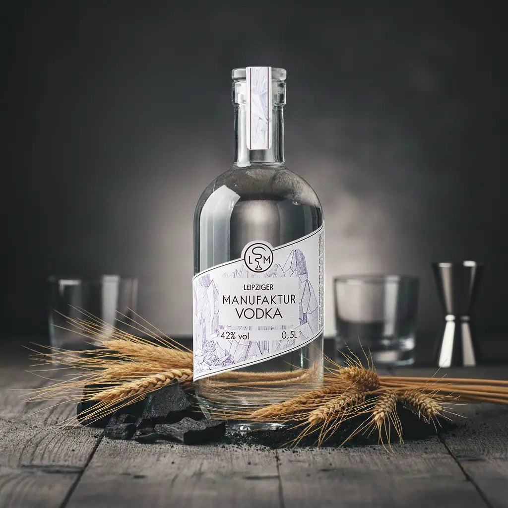 Manufaktur Vodka mit Weizenähren als Sinnbild für hochwertige Zutaten und handwerkliche Herstellung in Leipzig