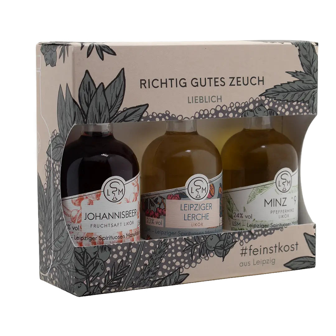 Tastingset Lieblich mit Johannisbeerlikör, Leipziger Lerche Likör und Minzlikör in Geschenkverpackung