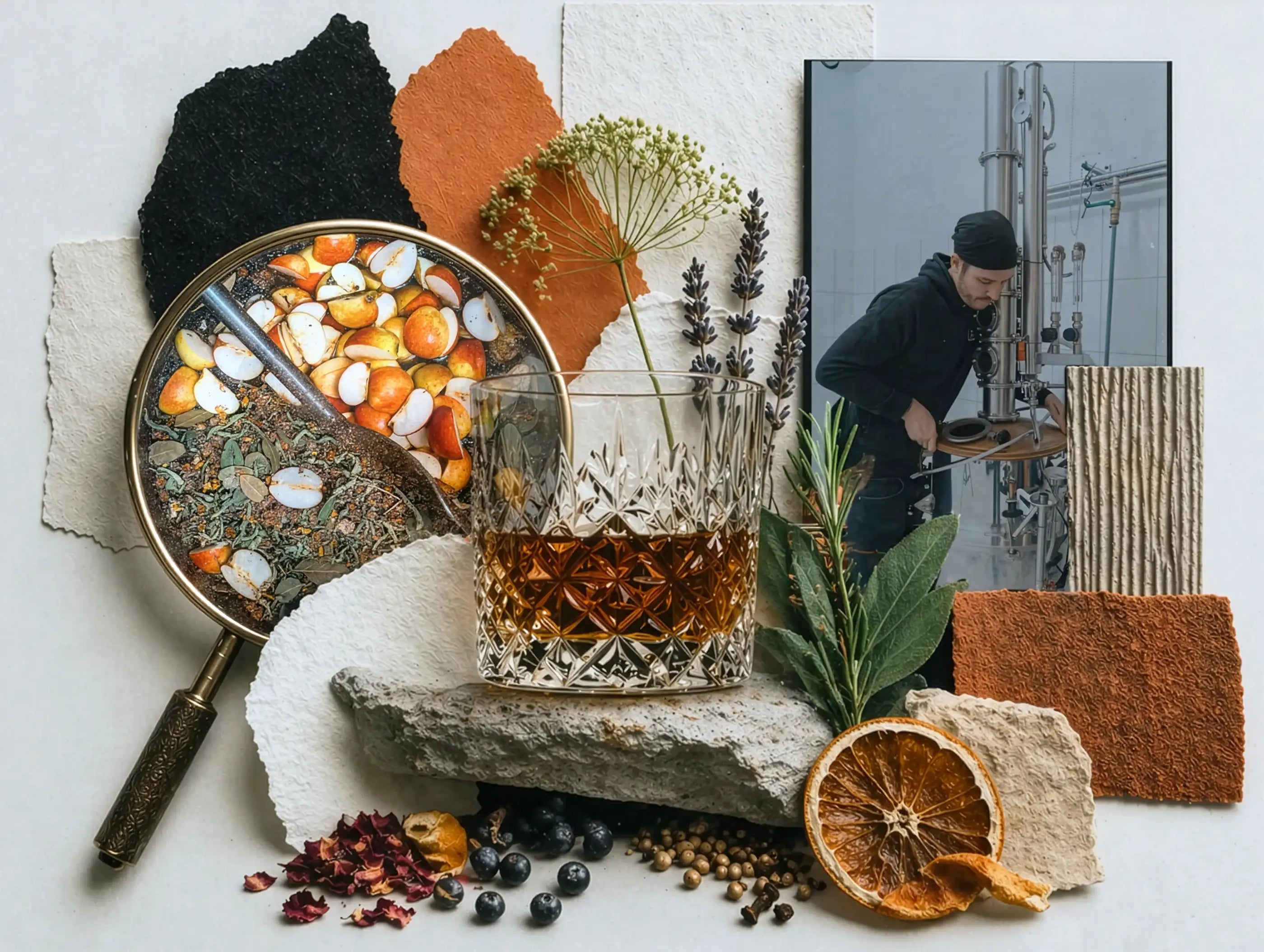 Collage mit Tumblerglas, Botanicals, Destille und Blick in die handwerkliche Spirituosenproduktion voller Genussatmosphäre