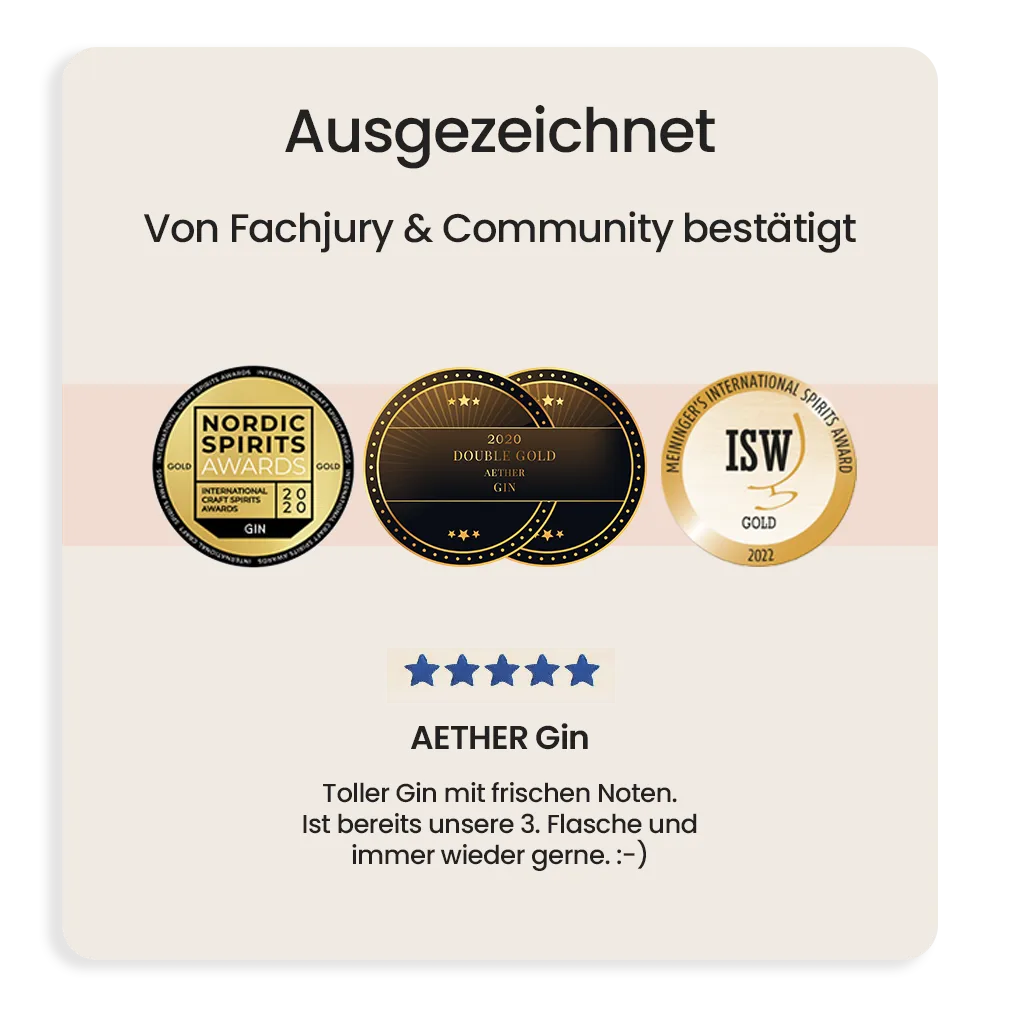 Aether Gin mit Gold beim Nordic Spirits Award 2020, Double Gold 2020 und ISW Meininger Gold 2022 sowie positiver Kundenbewertung