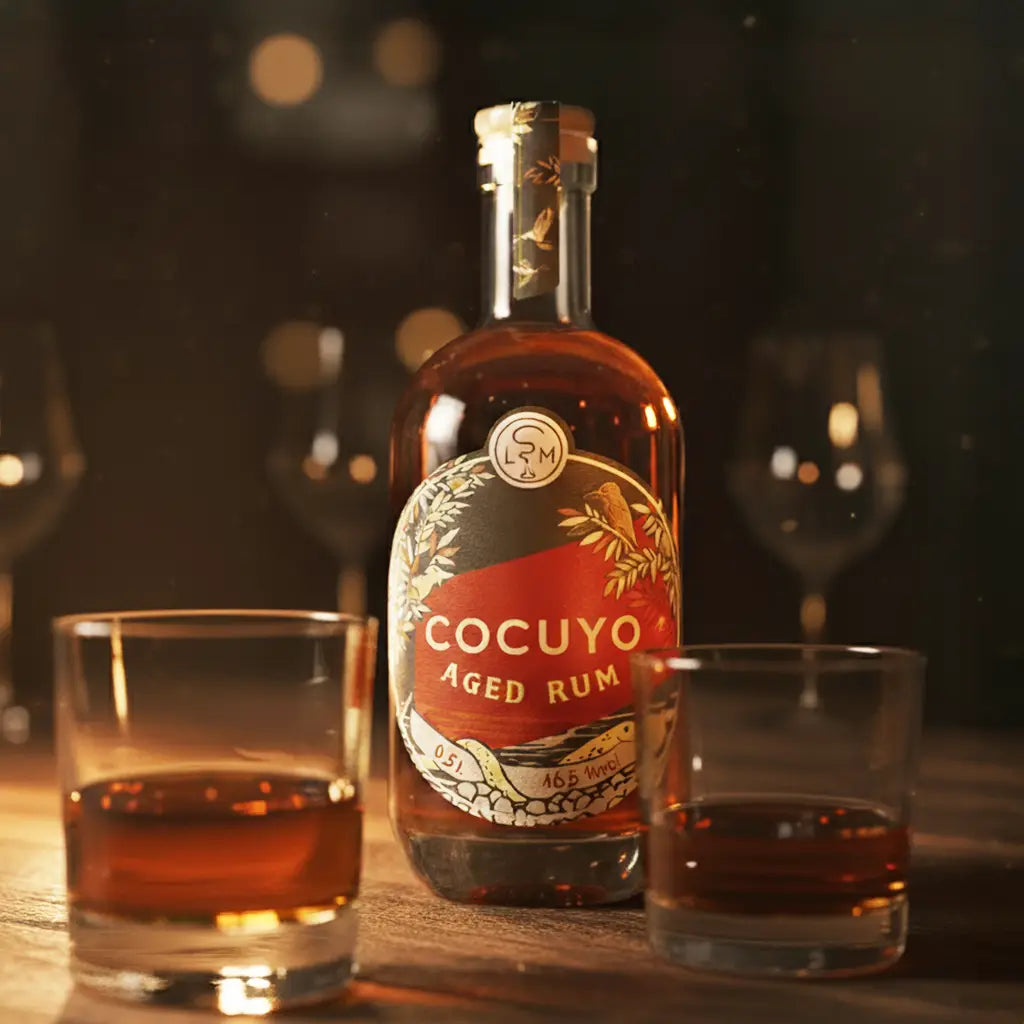 COCUYO Aged Rum auf Holztisch mit Gläsern in warmer Stimmung und seitlichem Lichtschein vor dunklem Hintergrund