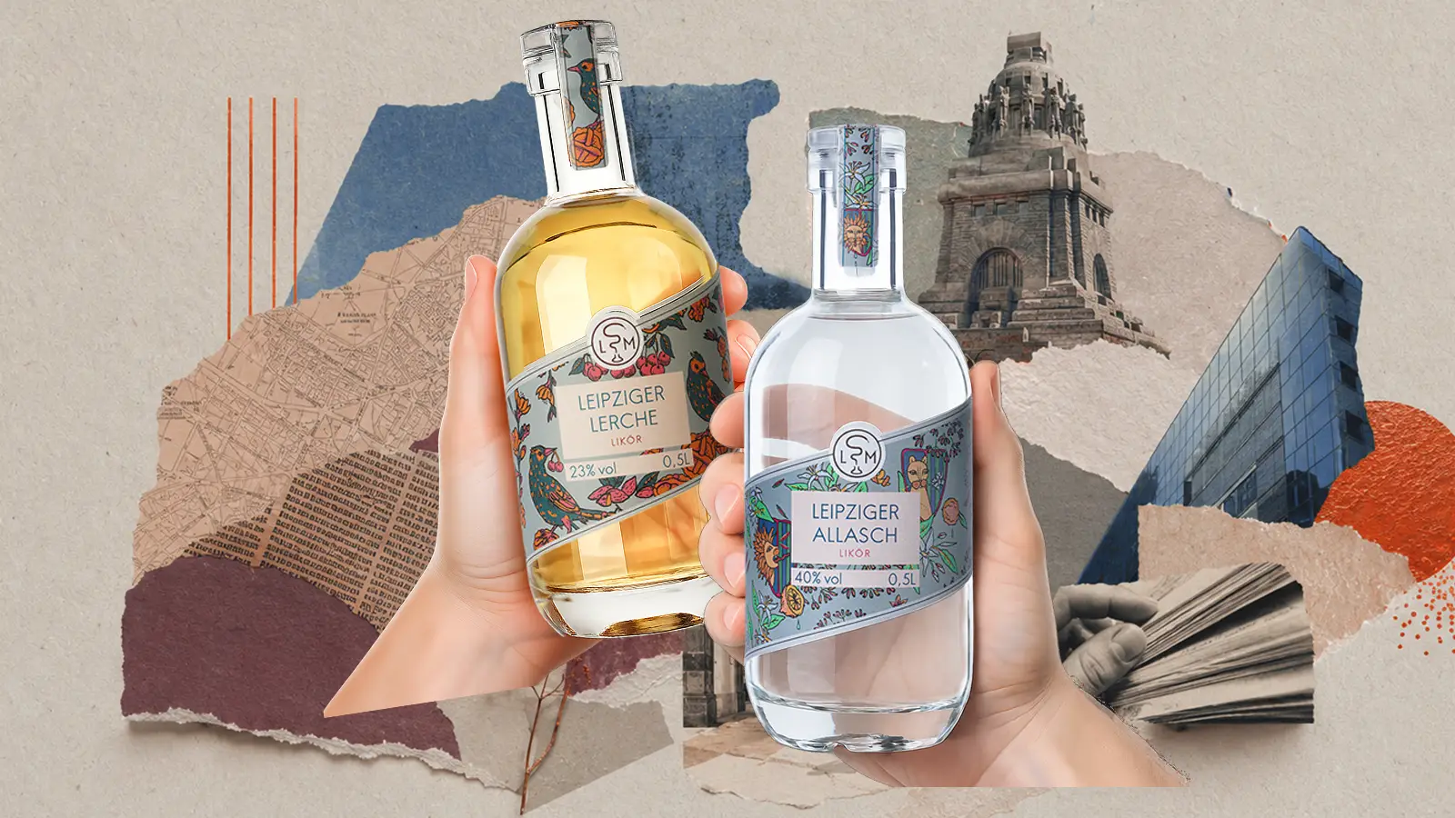 Leipziger Lerche Likör und Leipziger Allasch vor dem Völkerschlachtdenkmal als Collage Leipziger Spezialitäten