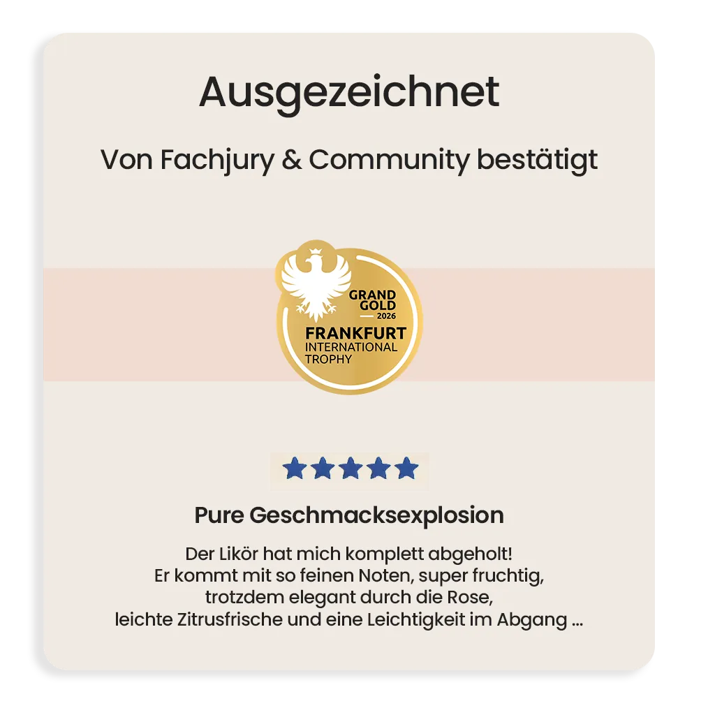 Rose-Rhabarber Likör mit Grand Gold bei der Frankfurt International Trophy 2026 und begeisterten Kundenbewertungen als Geschmacksexplosion ausgezeichnet